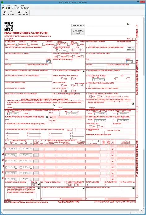CMS-1500 claim displayed in the MedClaimSoftware program